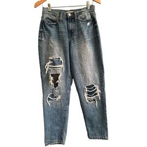 SO Women's High Rise Curvy Mom Distressed Stretch Back Denim Jeans Size 26 Blue